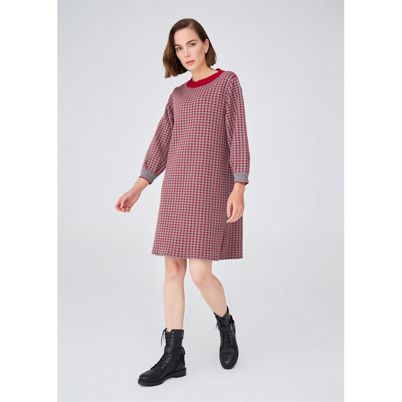 Thumbnail of Organic Cotton Wide O-Neck 3/4 Pleated Sleeve Above-Knee Knitwear Dress - Grey/Bordeaux image
