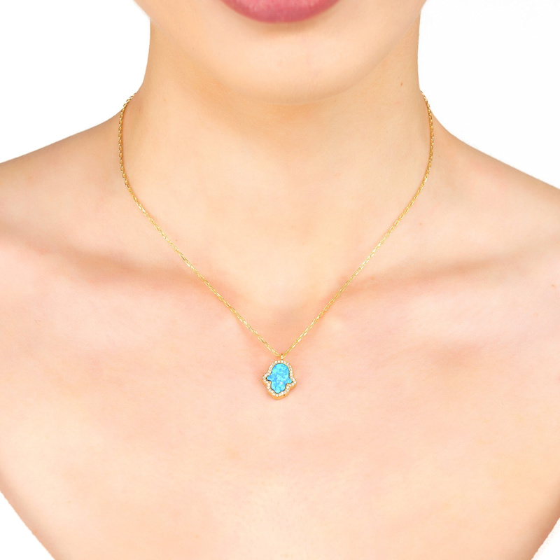 Thumbnail of Hamsa Opalite Turquoise Blue Necklace Gold image