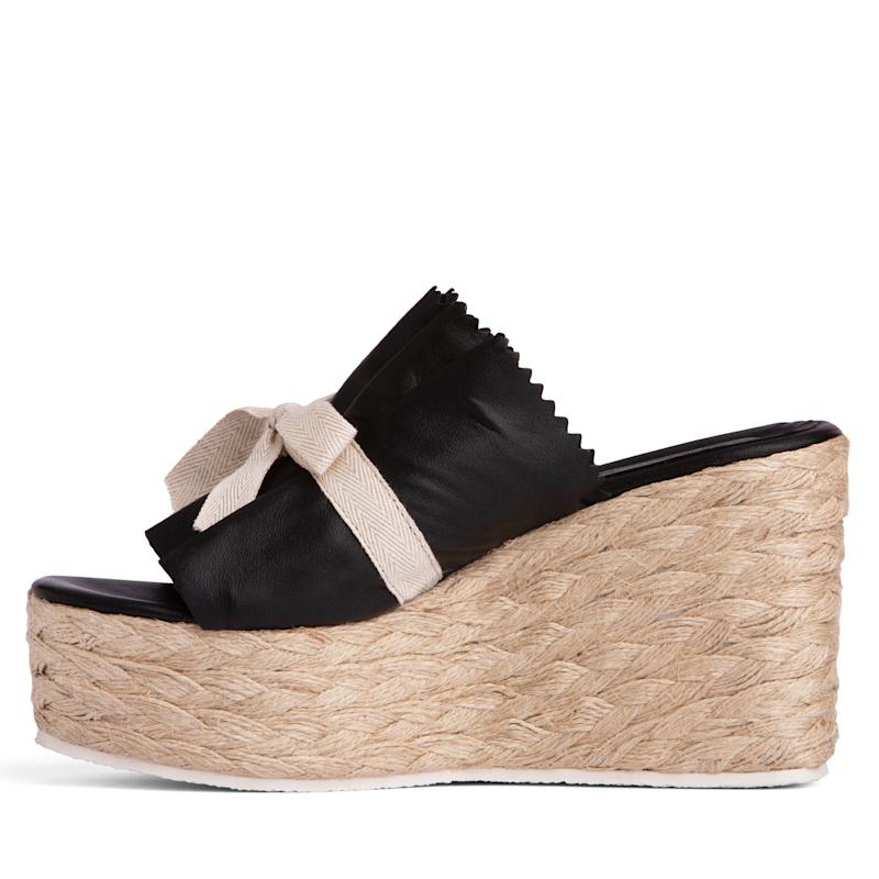 Thumbnail of Noelle Black Leather Slide Comfortable & Chic Wedge Platform Espadrille For Work Or Pool Sandal image
