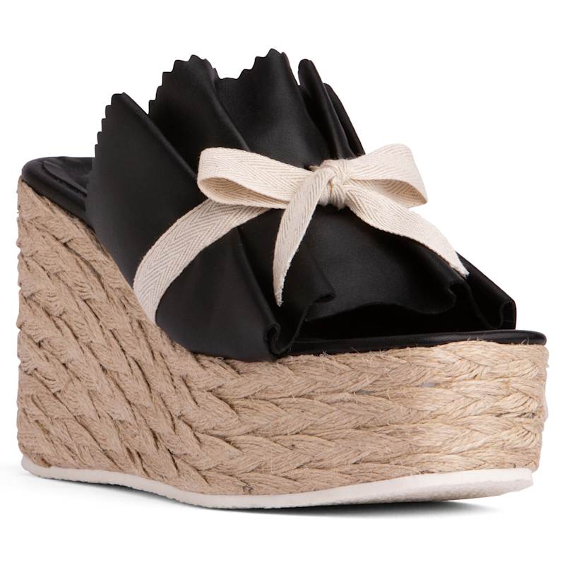 Thumbnail of Noelle Black Leather Slide Comfortable & Chic Wedge Platform Espadrille For Work Or Pool Sandal image
