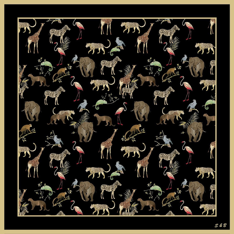 Thumbnail of Noir Safari Wool Silk Scarf – Animal Motif Wrap, Hand-Rolled Hem, Winter Gift image