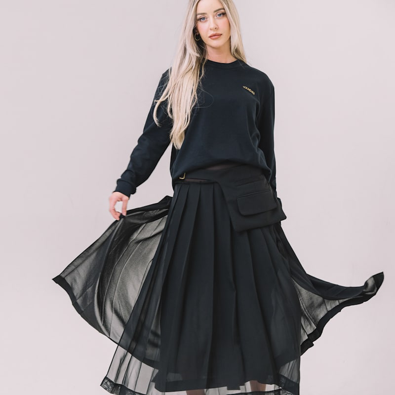 Noire Pleated Corset Skirt – Black Maxi With Utility Belt