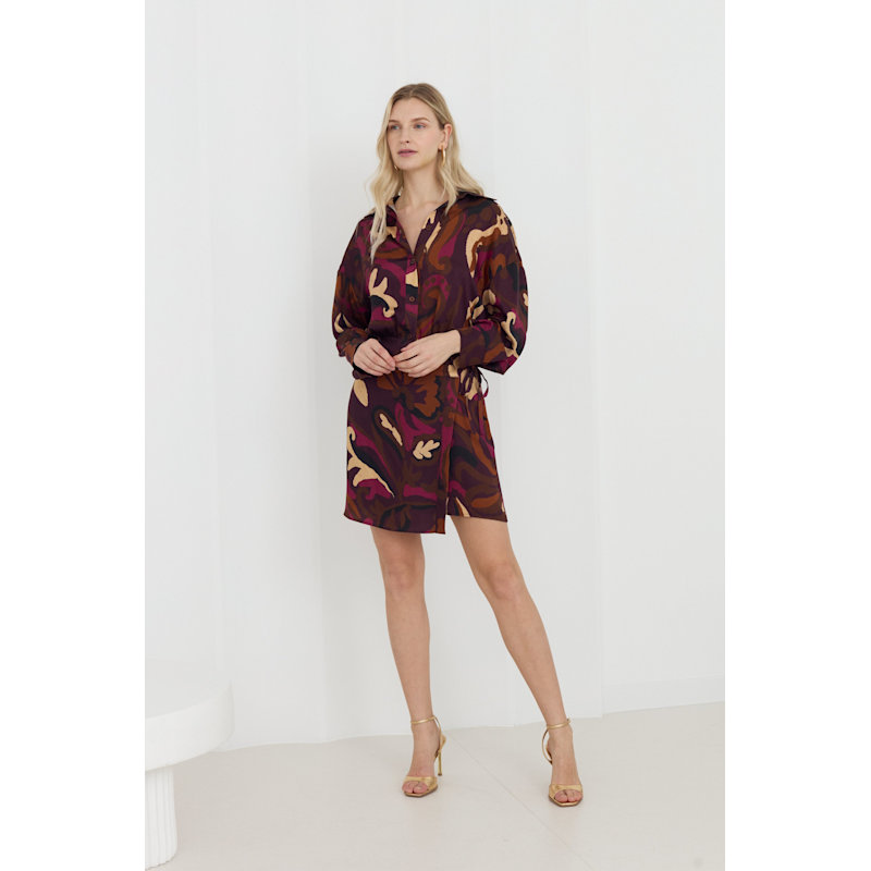 Thumbnail of Nova Brown Abstract Print Mini Shirt Dress With Kimono Sleeves image
