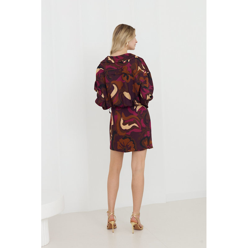 Thumbnail of Nova Brown Abstract Print Mini Shirt Dress With Kimono Sleeves image