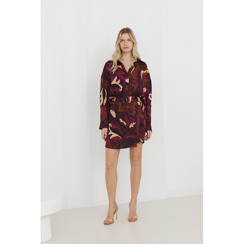 Thumbnail of Nova Brown Abstract Print Mini Shirt Dress With Kimono Sleeves image