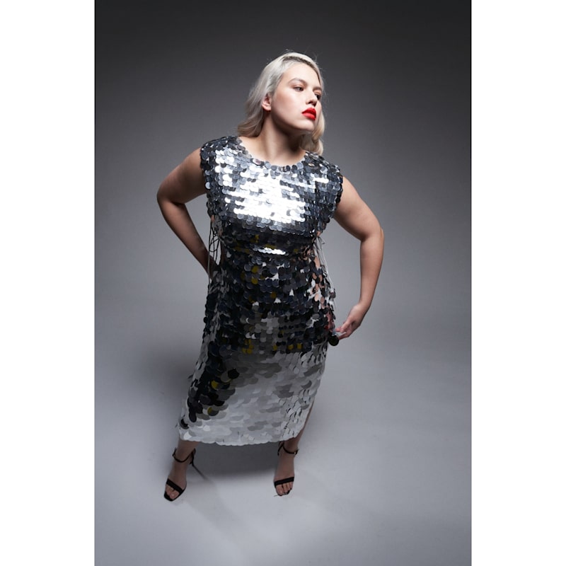 Nova Dress In Silver Disc Sequins | RaeVynn | Wolf & Badger