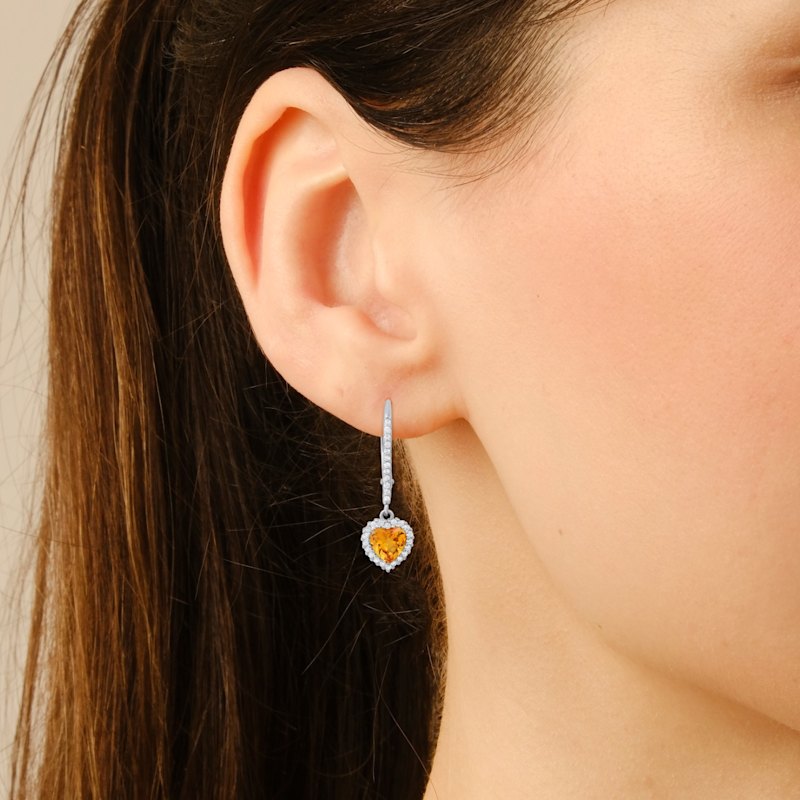 Thumbnail of November Citrine Birthstone Heart-Cut Halo Leverback Earrings In Sterling Silver image
