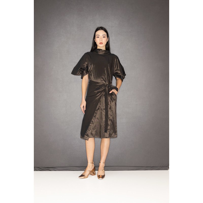 Thumbnail of Nunnery Dress In Brown Taffeta With Silver Stripes image
