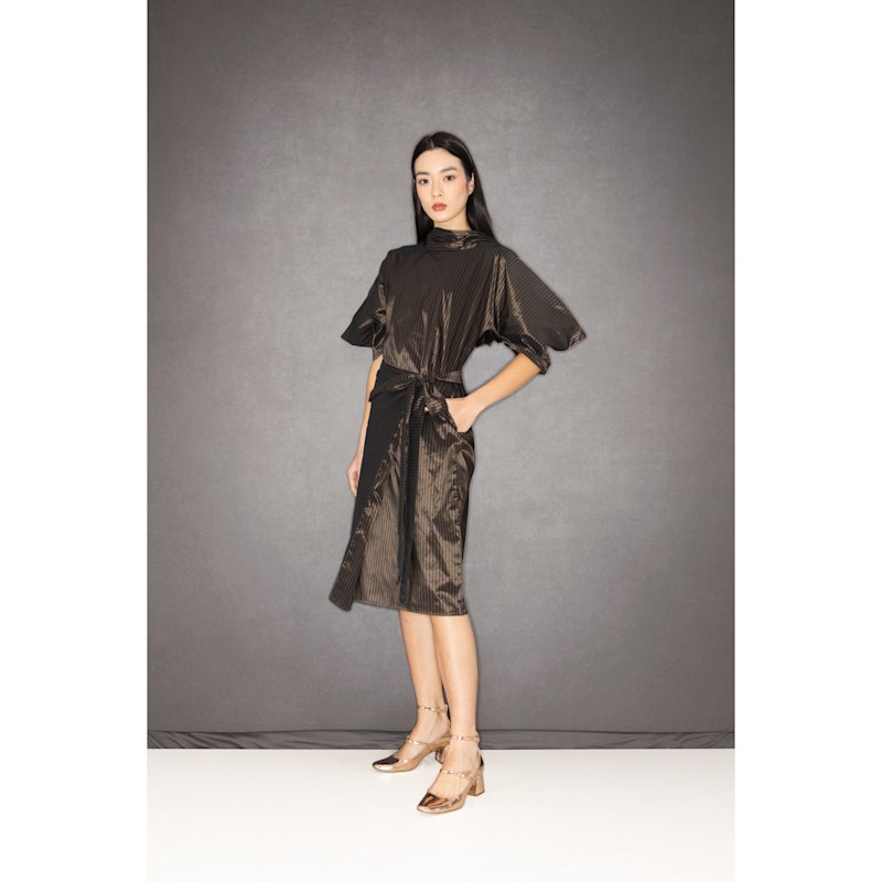Thumbnail of Nunnery Dress In Brown Taffeta With Silver Stripes image