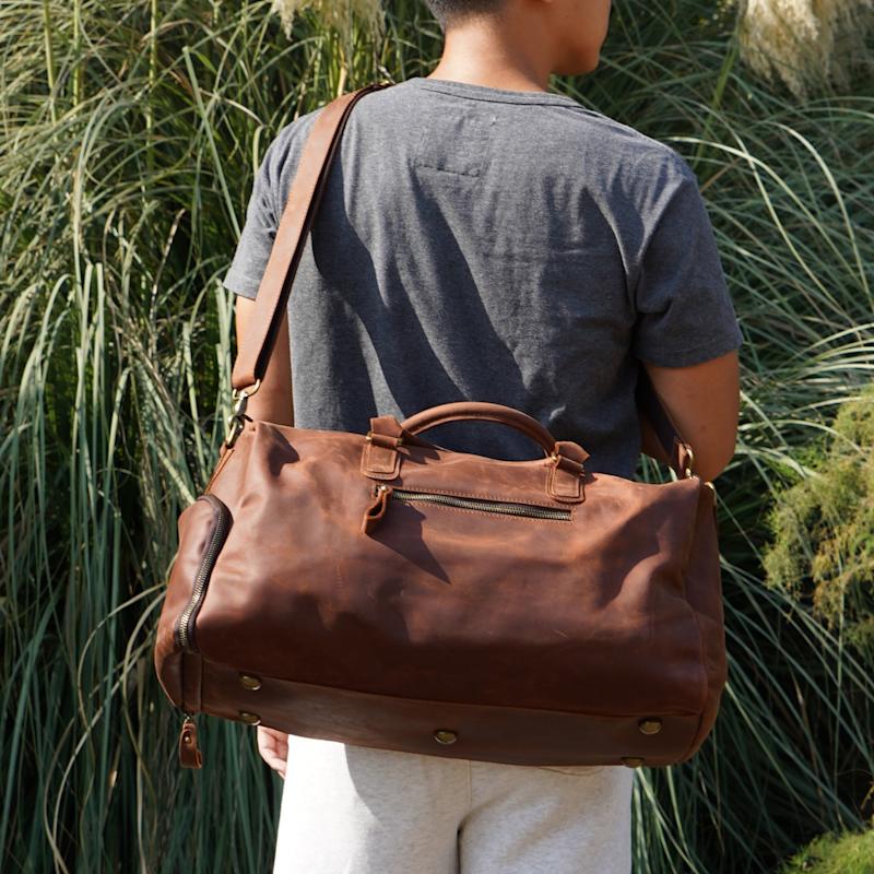 Genuine Leather Gym Bag With Shoe Storage Russet Brown Touri