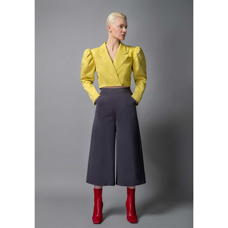 Thumbnail of Puff Shoulder Cropped Cotton Blazer - Mustard Yellow image