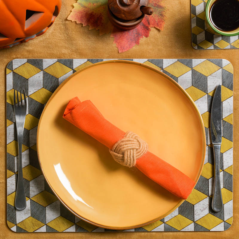 Thumbnail of Two Large Placemats In Retro Style Geometric Design In Yellow And Greys With Heat Resistant Melamine Coating. image