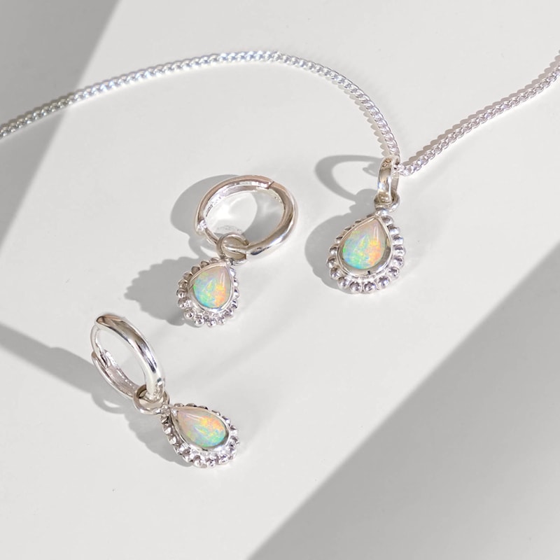 October Birthstone Sterling Silver Huggie Hoops Opal