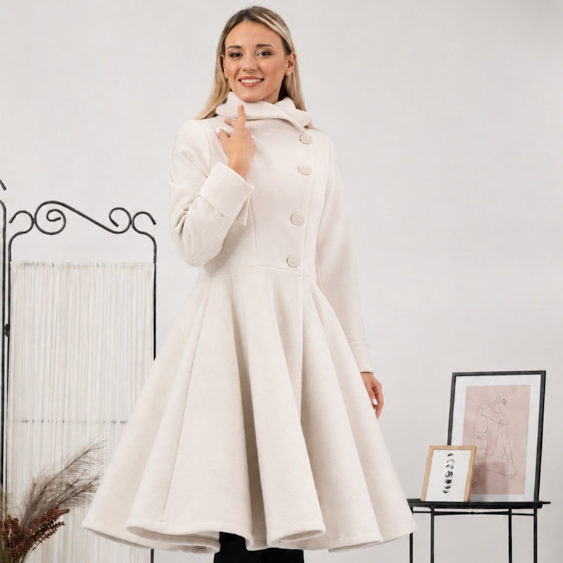 Thumbnail of Flared Wool Winter Coat With Buttons In Off White Color image