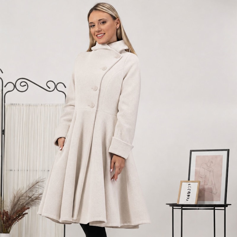Thumbnail of Flared Wool Winter Coat With Buttons In Off White Color image