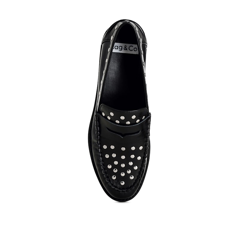 Oglavia Studs Embellished Leather Loafers In Black By Rag  display picture 3