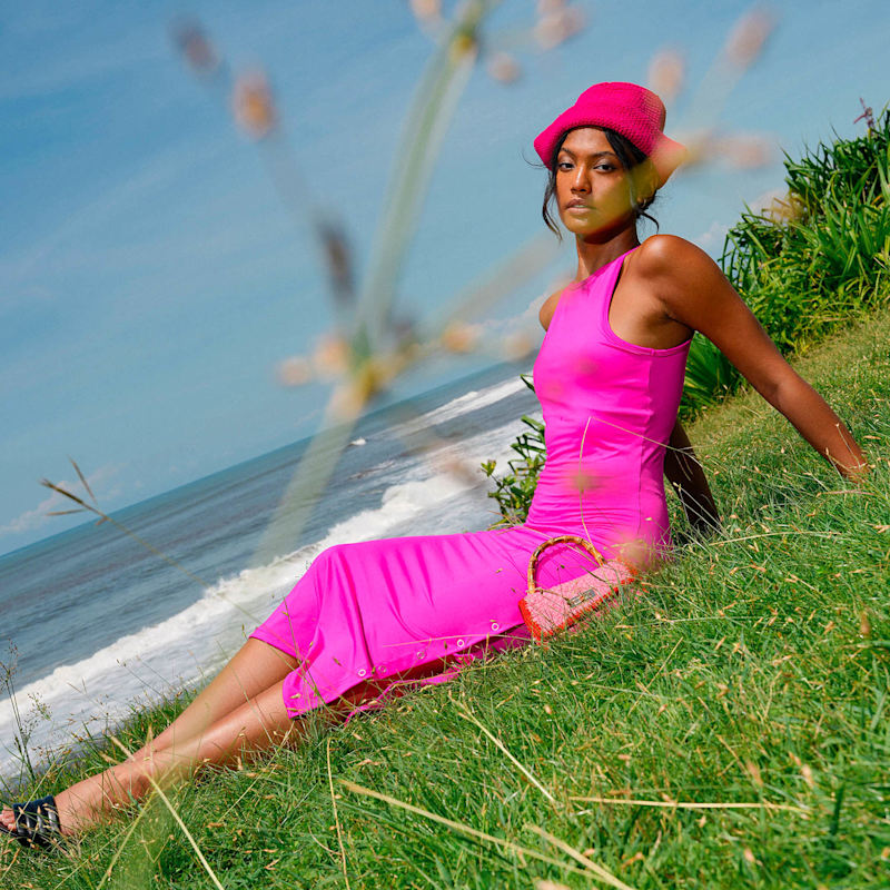 Ola Recycled Midi Dress In Dragonfruit Pink | Brunna.Co | Wolf