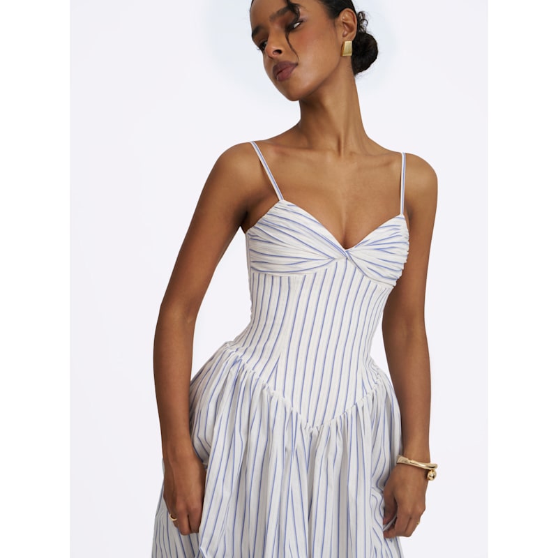 Thumbnail of Olea Sky Blue Striped Cotton Poplin Ruched Midi Dress image