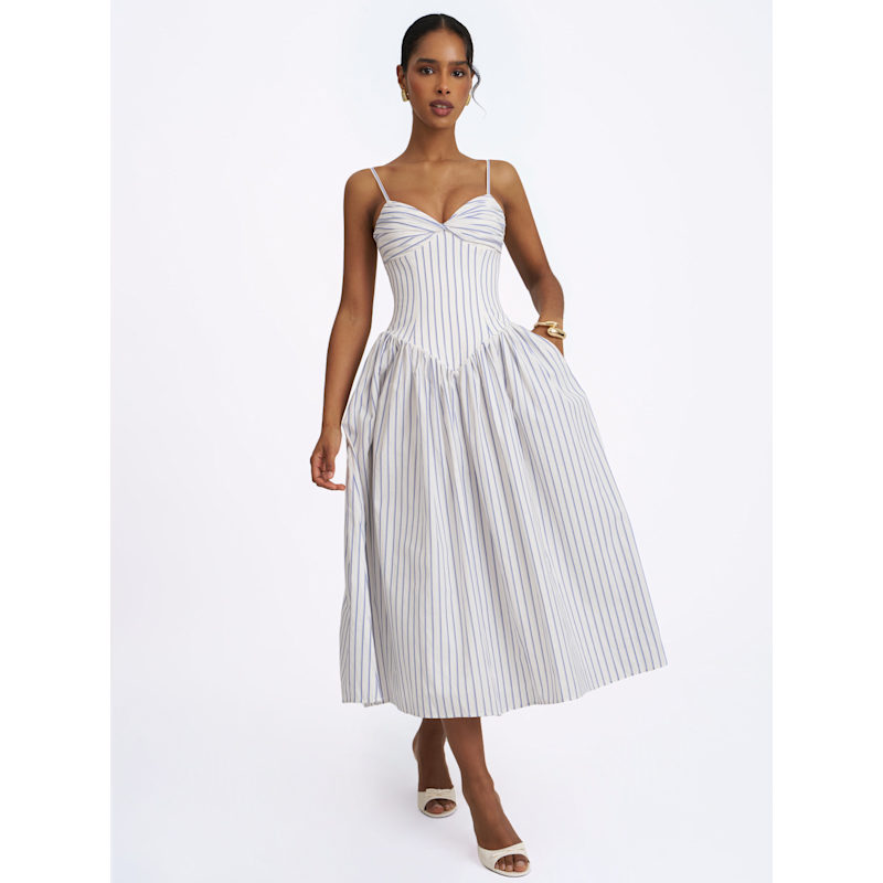 Thumbnail of Olea Sky Blue Striped Cotton Poplin Ruched Midi Dress image