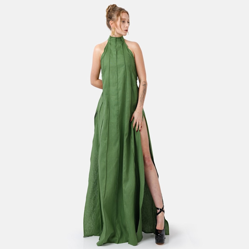 Olive Green Linen Maxi Dress  Pleated Designer Halter Gown | Kargede |  Wolf & Badger