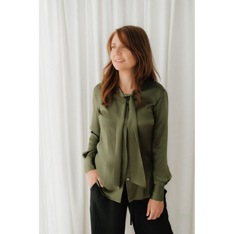 Thumbnail of Olive Green Silk Bow Blouse image