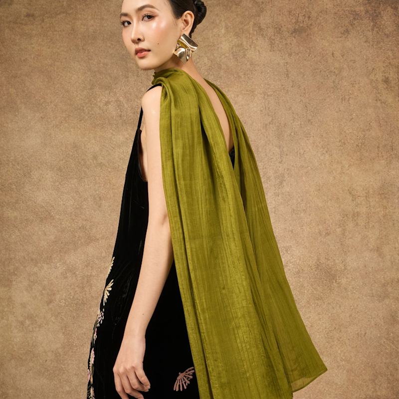 Thumbnail of Olive Green Silk Scarf – Handmade Mulberry Silk Shawl image