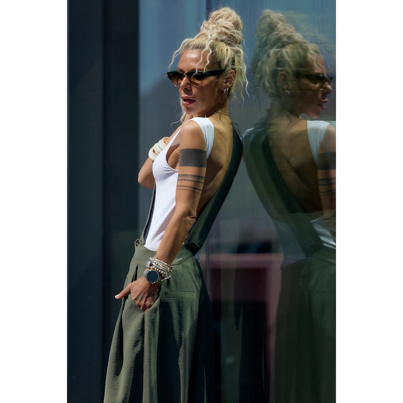 Thumbnail of Olive Green Suspender Jumpsuit With Open-Back image