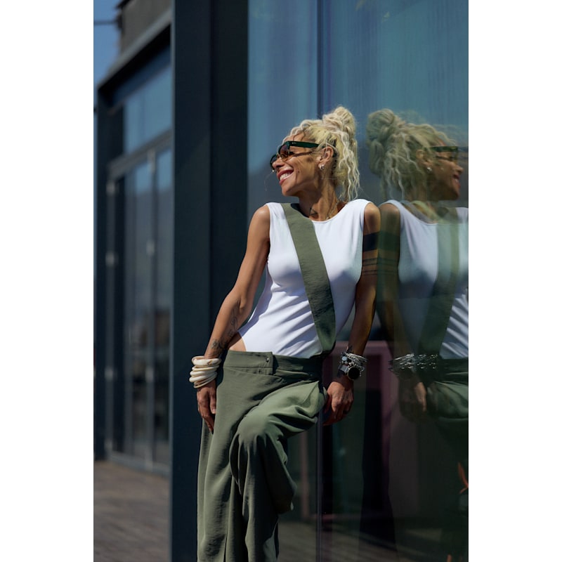 Thumbnail of Olive Green Suspender Jumpsuit With Open-Back image