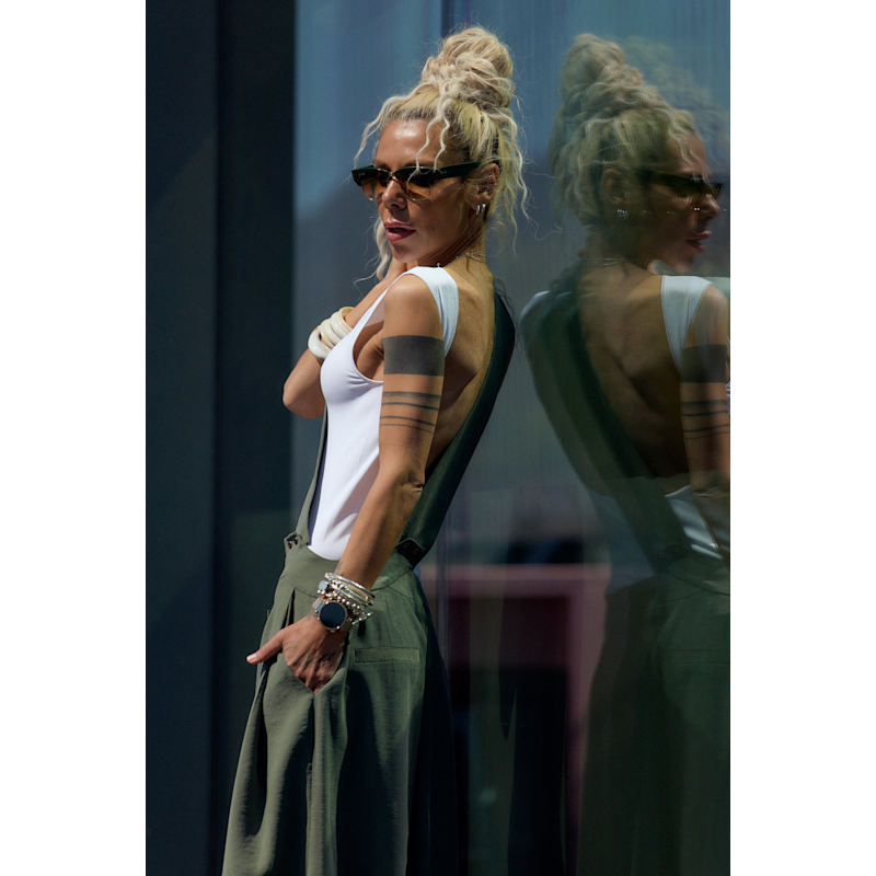 Thumbnail of Olive Green Suspender Jumpsuit With Open-Back image