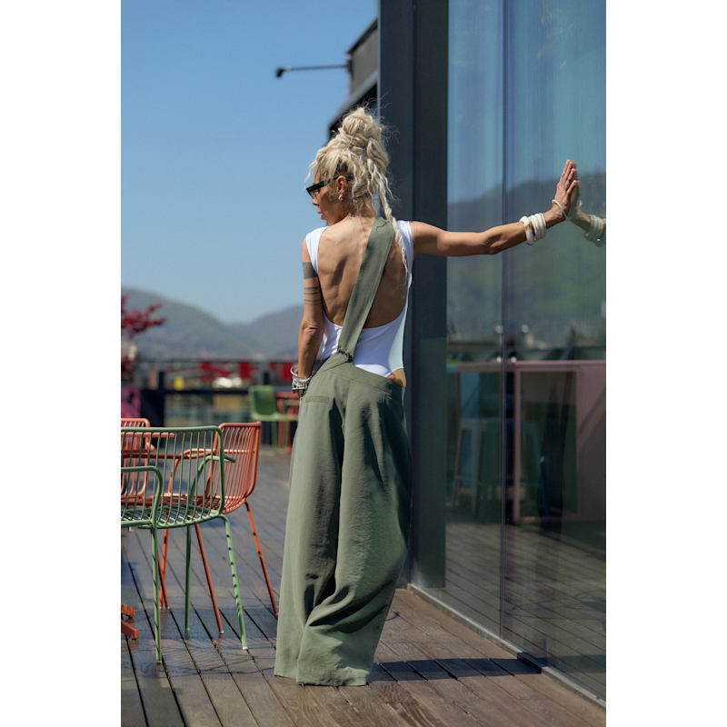 Thumbnail of Olive Green Suspender Jumpsuit With Open-Back image