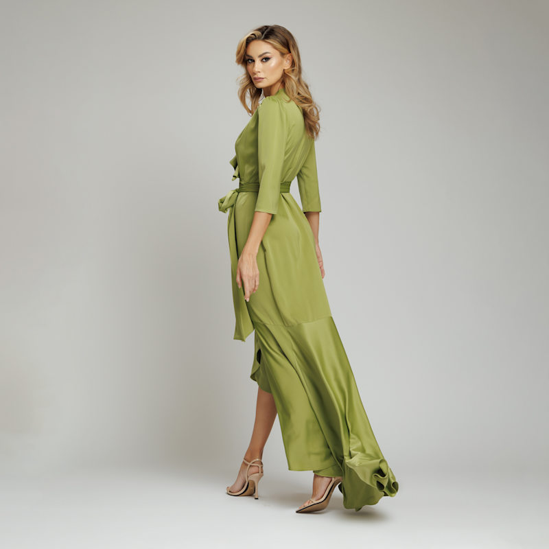 chinese dress ladies One Sleeve Mermaid Olive Green Satin Long Prom Dress Charming Evening –  Simplepromdress main image 0