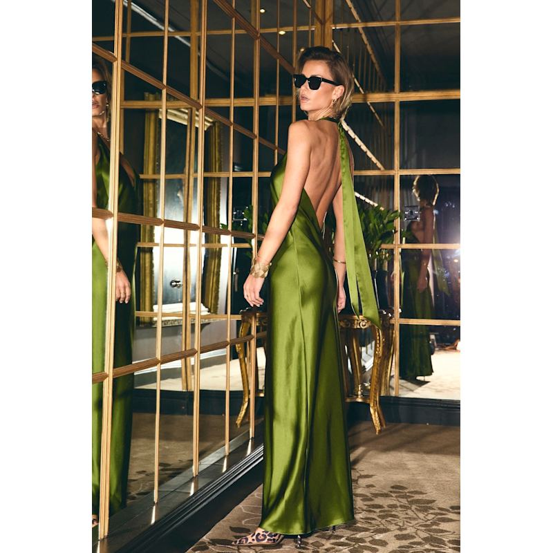olive green silk slip dress Olive Plunge Neck Maxi Silk Slip Dress by Lily Rou