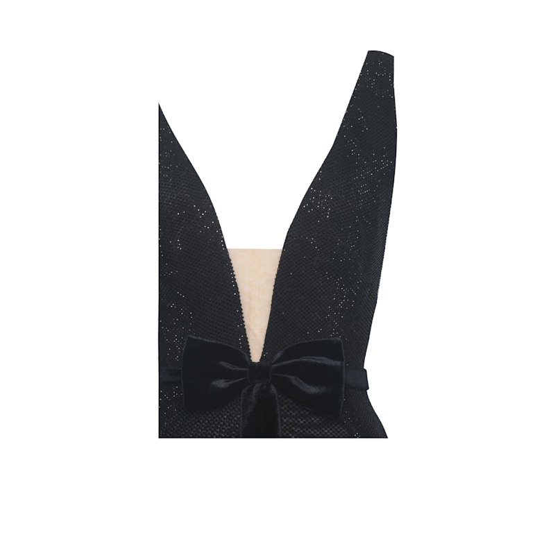Thumbnail of Olympia Black Belted Bow Plunging Rhinestone Maxi Dress image