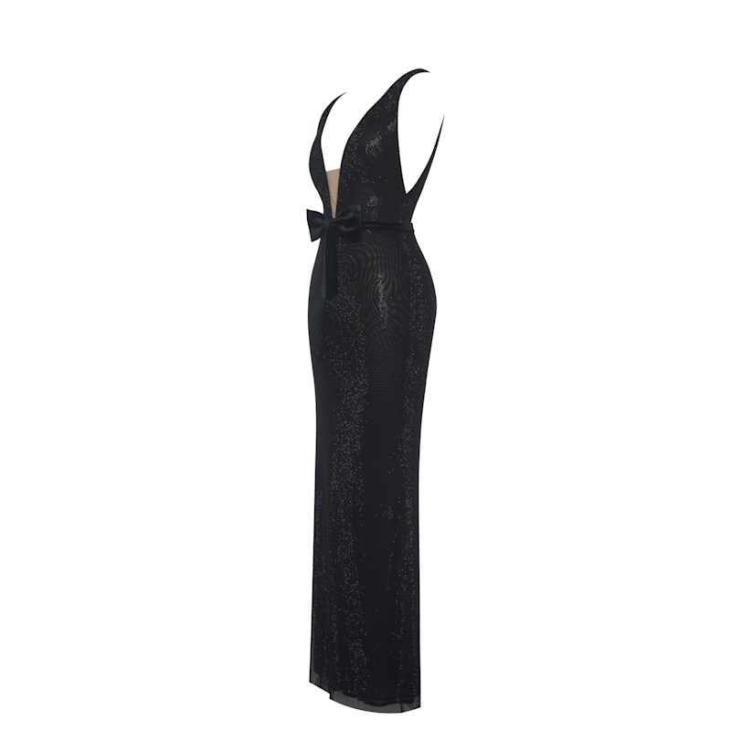 Thumbnail of Olympia Black Belted Bow Plunging Rhinestone Maxi Dress image