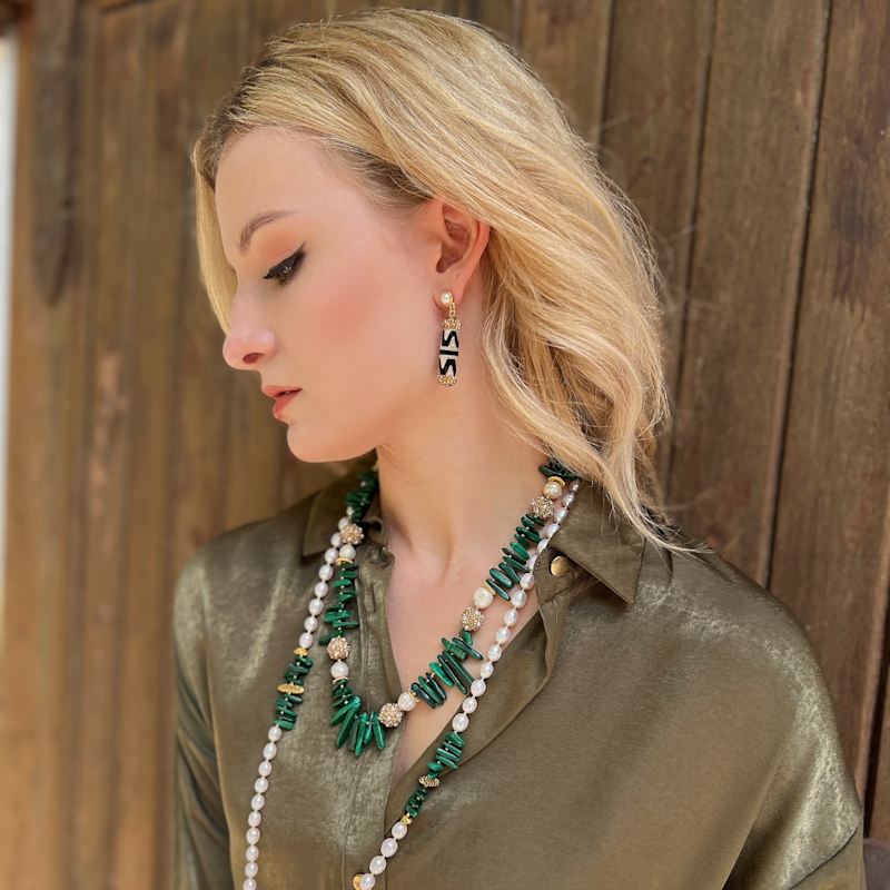 Thumbnail of Stick Shaped Malachite With Pearl Rhinestone Statement Necklace image