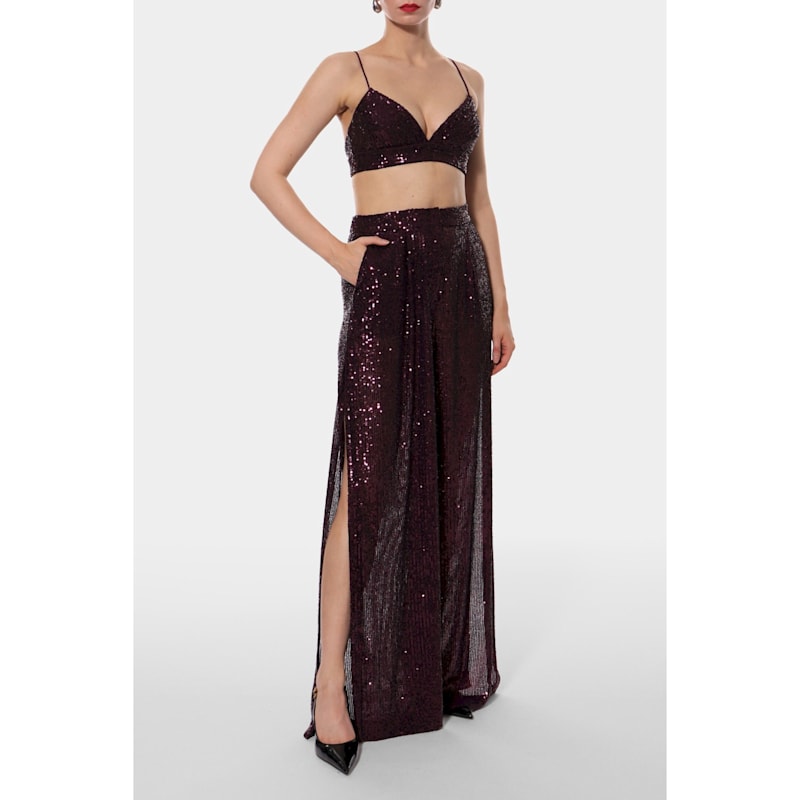 Thumbnail of Omena Purple Sparkle Wide Sequin Pants With Slits image