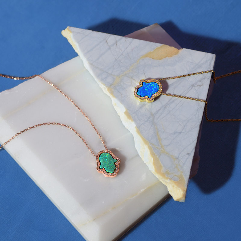 Thumbnail of Hamsa Opalite Turquoise Blue Necklace Gold image
