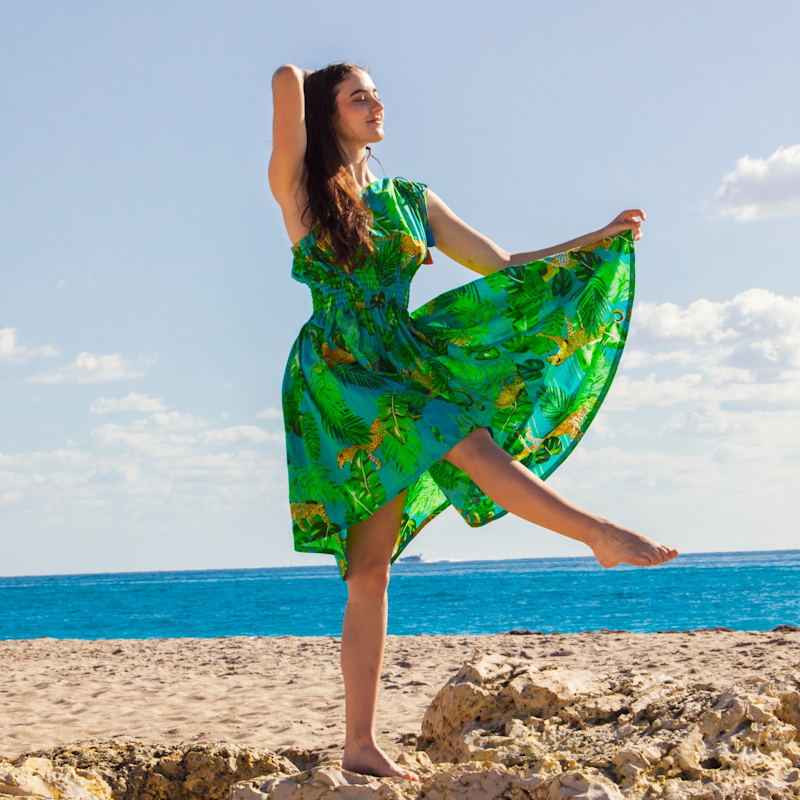 Women's Green One Shoulder Asymmetric Cotton Dress with Silk Tassels, Caribbean Leopard Print, Medium, Beach Holiday, Knee Length, Sleeveless