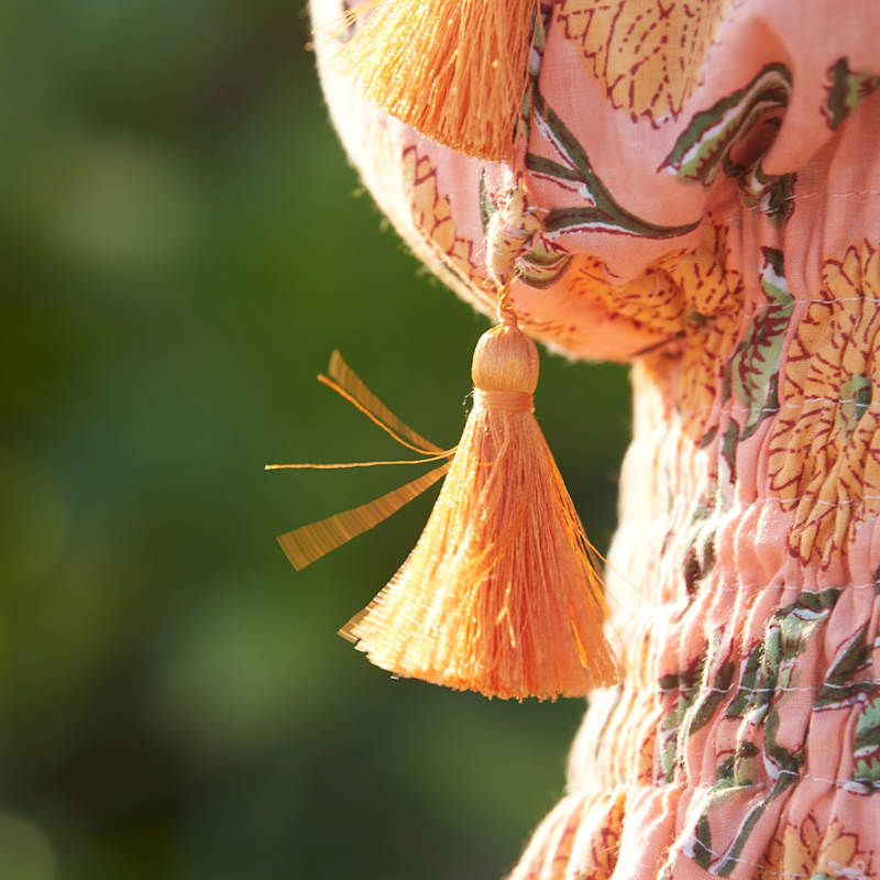 Thumbnail of One Shoulder Asymmetry Goddess Cotton Dress With Silk Tassels Peach Floral Print image