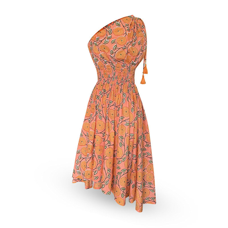 Thumbnail of One Shoulder Asymmetry Goddess Cotton Dress With Silk Tassels Peach Floral Print image
