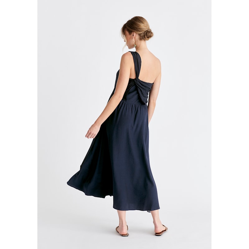 One Shoulder Flowy Dress In Navy by PAISIE
