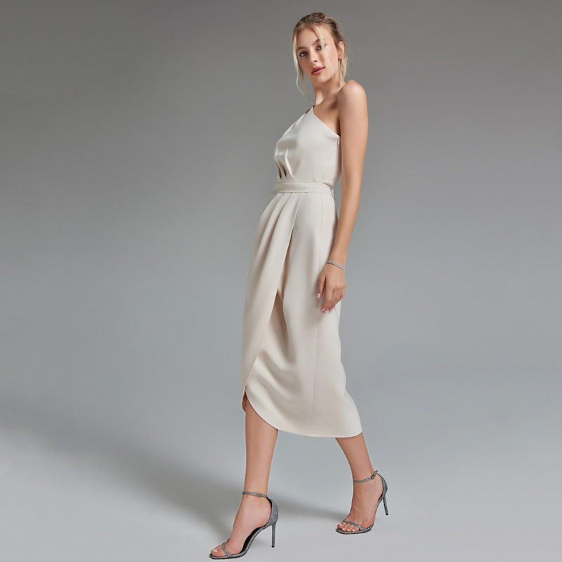 knee length dresses for ladies Stone And Cream Abstract Print Shirred Straps Button Detail Midi Dress – AX  Paris