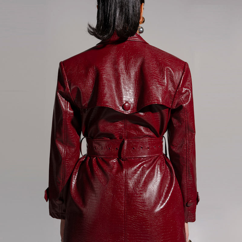 Ono Faux Leather Trench Jacket In Burgundy by OFUURE