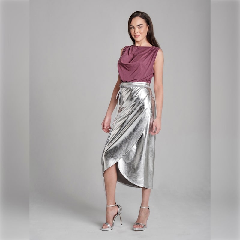 Thumbnail of Drape Glam Silver Metallic Wrap Skirt One Size - Asymmetrical Faux Leather Midi image