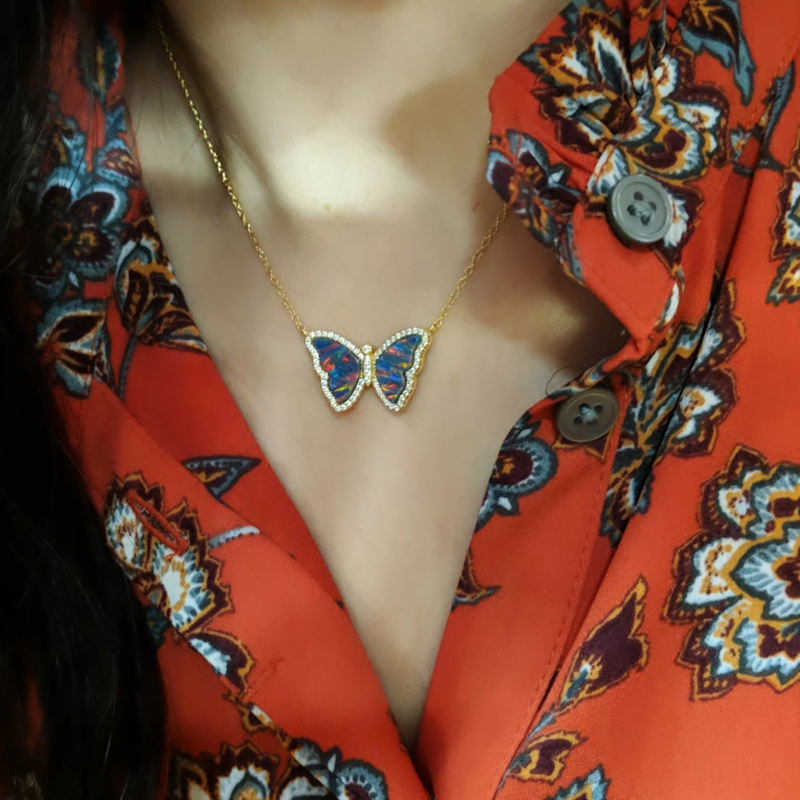 Thumbnail of Opal Butterfly Necklace With Stripes - Pink & Gold image
