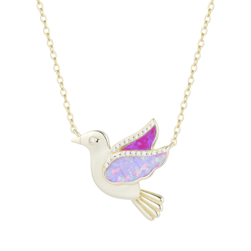 Thumbnail of Opal Dove Bird Necklace With Crystals - White image