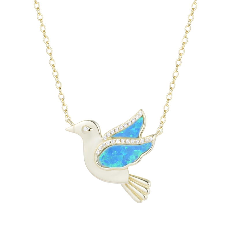 Thumbnail of Opal Dove Bird Necklace With Crystals - White image