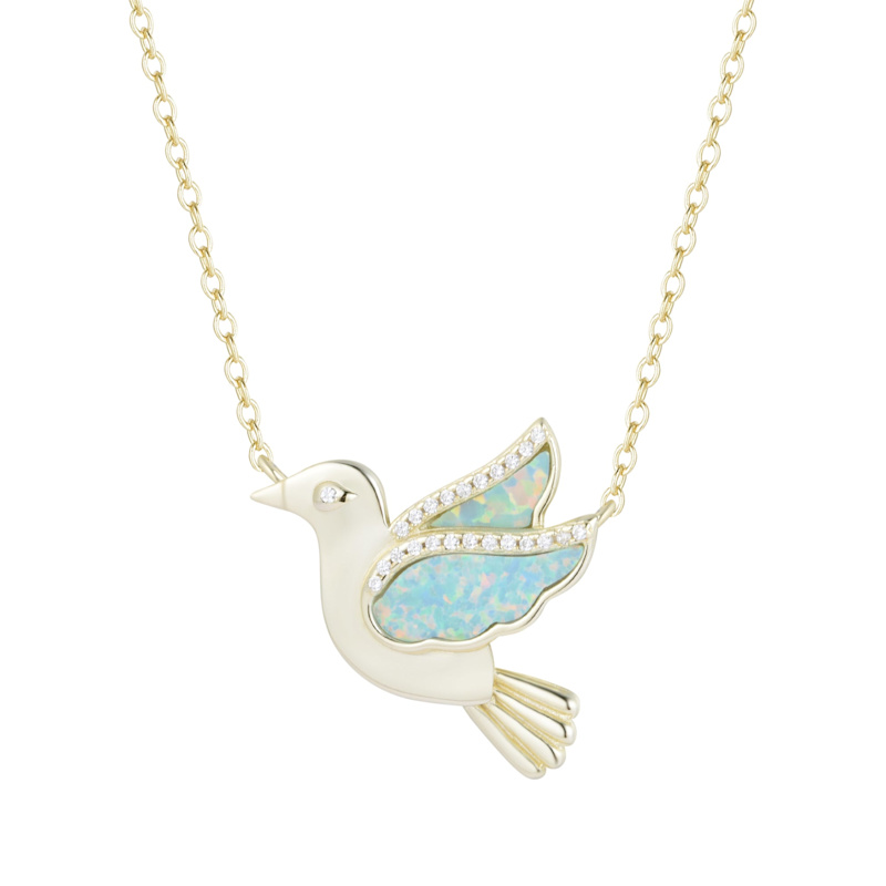 Thumbnail of Opal Dove Bird Necklace With Crystals - White image