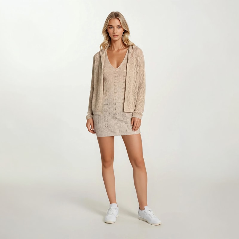 gold dress cardigan Open-Knit With Hood And Lurex Thread Beige | Haris Cotton Formal dress