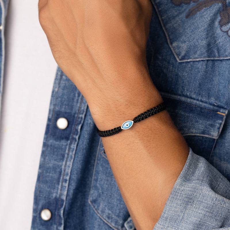 Thumbnail of Men's Black String Bracelet With Silver Evil Eye image